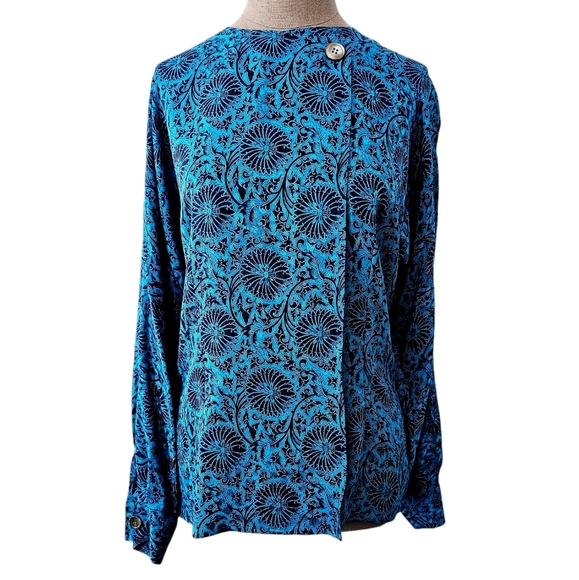 Vintage Christian Dior 100% Silk Blouse/Silk Shirt Top Azure Blue Black 6 - Picture 4 of 16